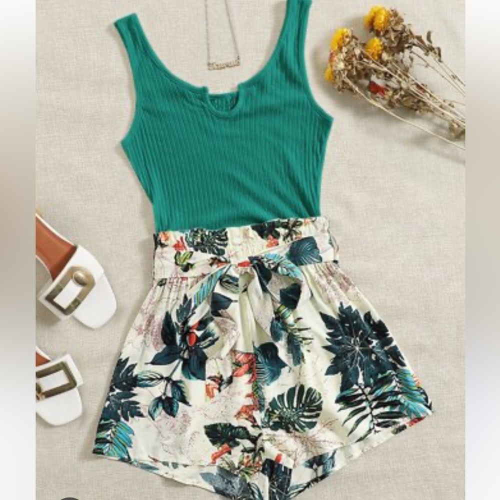 SHEIN Teal Tank Top and Floral Print Shorts Set 3XL Curve